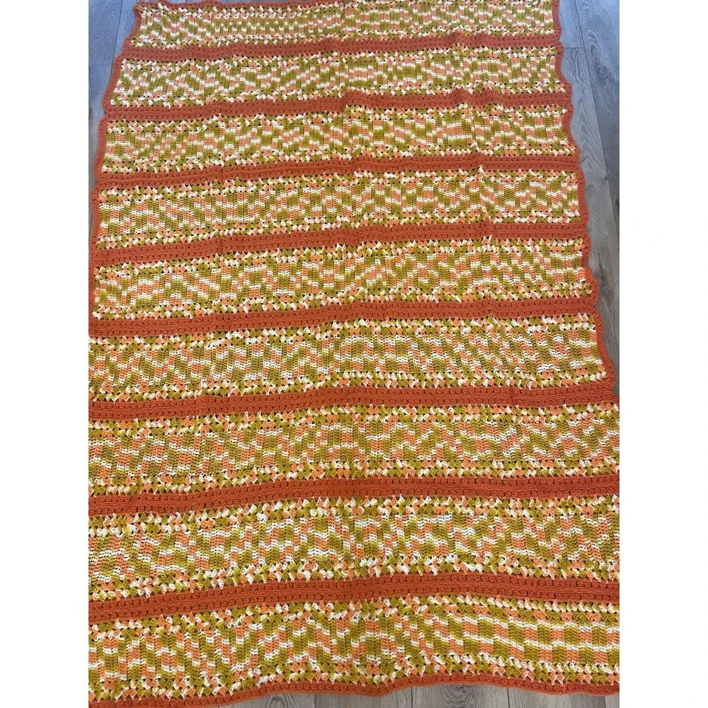 Vtg Lg 70s‎ Orange & Gold Crochet Afghan Sofa Throw Blanket 62
